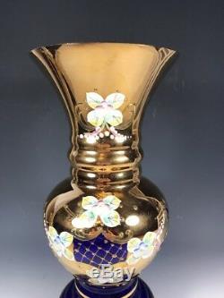 10TALL Bohemian Czech Cobalt Blue 24K Gold Enamel Hand Cut Crystal Vase