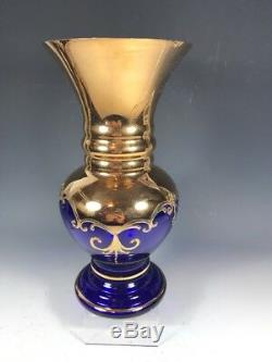 10TALL Bohemian Czech Cobalt Blue 24K Gold Enamel Hand Cut Crystal Vase