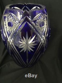 10 3/4 COBALT Bohemian Czech CUT TO CLEAR Glass Crystal Vase North Whirl Stars