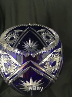 10 3/4 COBALT Bohemian Czech CUT TO CLEAR Glass Crystal Vase North Whirl Stars