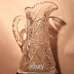 10.5 7 POUNDS! American brilliant cut crystal pitcher thistle art glass vase