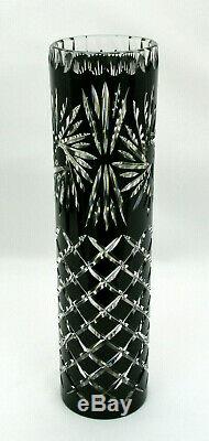 11 3/4 Black Cut To Clear Crystal Pillar Vase Pinwheel & Criss Cross Cuts