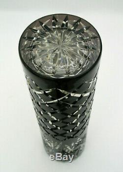 11 3/4 Black Cut To Clear Crystal Pillar Vase Pinwheel & Criss Cross Cuts