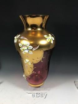 12.5 TALL Bohemian Czech Ruby Red 24K Gold Enamel Hand Cut Crystal Vase