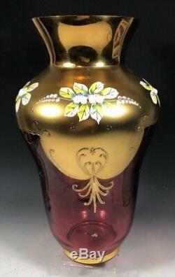 12.5 TALL Bohemian Czech Ruby Red 24K Gold Enamel Hand Cut Crystal Vase