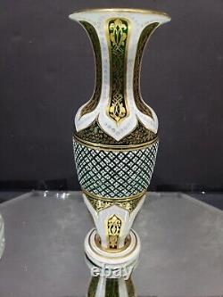 12 Art Glass VASE White Green Overlay Cut Antique Bohemian Gold Gilt Attr Moser