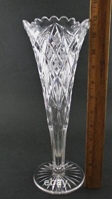 12 TRUMPET Vase BRILLIANT Period CUT Glass c. 1900 Crosshatch, Zipper & Fan