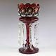 14h Antique Ruby Red Glass Lustre With Cut Crystal Glass Mantle Candleholder Vase