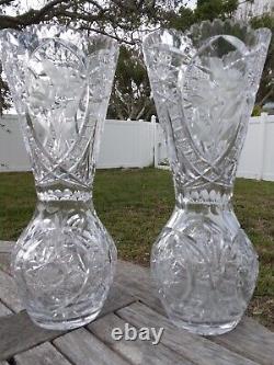 14 Tall Large Matched Pair of Brilliant Cut Sawtooth Corset Vases With Roses