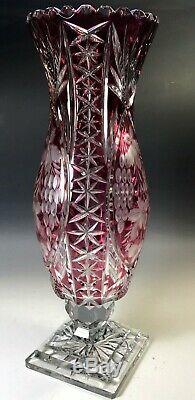 15 Ajka Marsala Ruby Read Cased Cut To Clear Crystal Centerpiece Vase