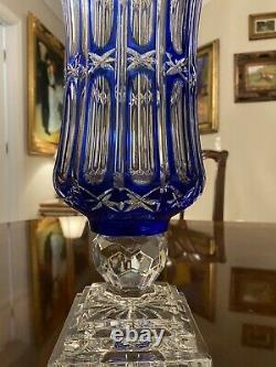 17 tall Cobalt Blue French Cut to Clear Crystal Vase Queens Lace Panels
