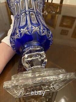 17 tall Cobalt Blue French Cut to Clear Crystal Vase Queens Lace Panels