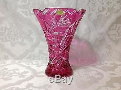 1940-50 Beautiful Cranberry Cut to Clear Tall Lead Crystal Vase Excellent Cond