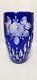 1960's Interlux Bohemian Crystal Vase Cobalt Blue Cut To Clear Rose 7.75 In Tall