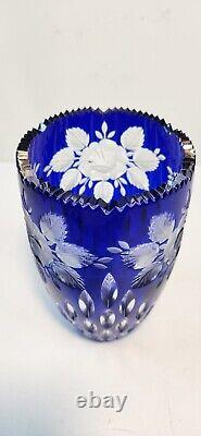 1960's Interlux Bohemian Crystal Vase Cobalt Blue Cut to Clear Rose 7.75 In Tall