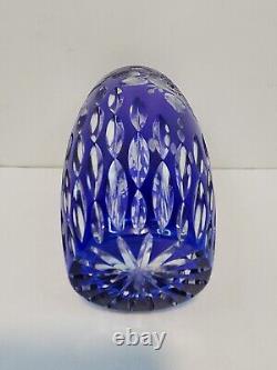 1960's Interlux Bohemian Crystal Vase Cobalt Blue Cut to Clear Rose 7.75 In Tall
