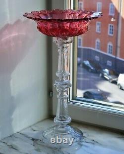 19C Antique Imperial Russian Cut Glass Cranberry Fruit Vase Candy Bowl on Stem