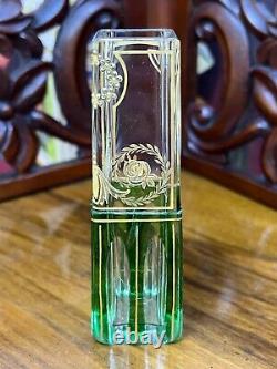 19c. Bohemian Moser Czech Cut Crystal Green Glass Vase Biedermeier Gold Wreath