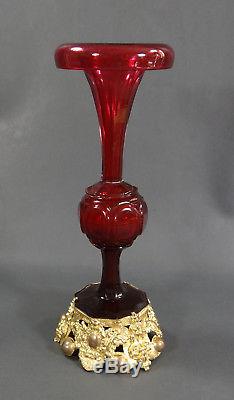 19c. French Empire Ormolu Baccarat Deep Ruby Red Cut Crystal Glass Vase Pedestal