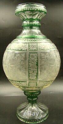 19th Century Bohemian Crystal Flask-shaped Vase Green Cut to Clear Floral Design