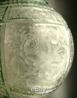 19th Century Bohemian Crystal Flask-shaped Vase Green Cut to Clear Floral Design