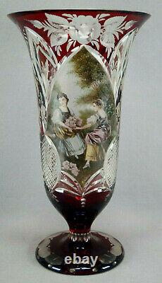 19th Century Bohemian R Wurtig Ruby Hand Painted Watteau Scene Cut Crystal Vase