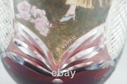 19th Century Bohemian R Wurtig Ruby Hand Painted Watteau Scene Cut Crystal Vase