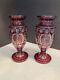 2 Antique Bohemian Czech Ruby Red Crystal Glass Art Vases Etched Deer 13h