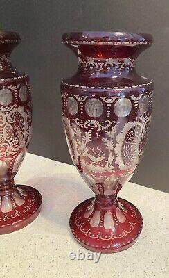 2 Antique Bohemian Czech Ruby Red Crystal Glass Art Vases Etched Deer 13h