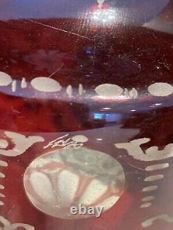 2 Antique Bohemian Czech Ruby Red Crystal Glass Art Vases Etched Deer 13h