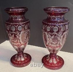 2 Antique Bohemian Czech Ruby Red Crystal Glass Art Vases Etched Deer 13h