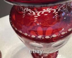 2 Antique Bohemian Czech Ruby Red Crystal Glass Art Vases Etched Deer 13h