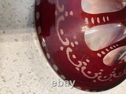 2 Antique Bohemian Czech Ruby Red Crystal Glass Art Vases Etched Deer 13h