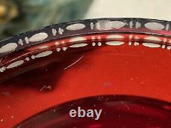 2 Antique Bohemian Czech Ruby Red Crystal Glass Art Vases Etched Deer 13h