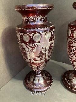 2 Antique Bohemian Czech Ruby Red Crystal Glass Art Vases Etched Deer 13h