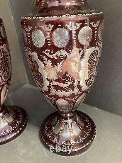 2 Antique Bohemian Czech Ruby Red Crystal Glass Art Vases Etched Deer 13h