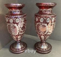 2 Antique Bohemian Czech Ruby Red Crystal Glass Art Vases Etched Deer 13h