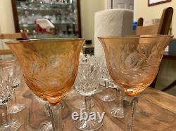 2 Antique Czech Crystal 1930's Amber Apricot Gold Wine Hocks Cut To Clear 7.5