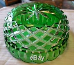 2 Bohemian Czech Emerald Green Cut To Clear Crystal Items-10 1/4 Vase & 8 Bowl