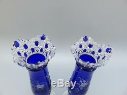 2 Meissen Crystal Cut To Clear Flower With London Blue Vases 9high Signed