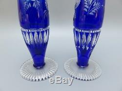 2 Meissen Crystal Cut To Clear Flower With London Blue Vases 9high Signed