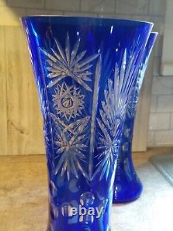 2 Vintage Bohemian Czech Colbalt Blue Cut To Clear Lead Crystal Vases 12