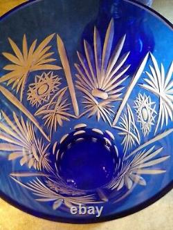 2 Vintage Bohemian Czech Colbalt Blue Cut To Clear Lead Crystal Vases 12
