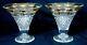 2 Vintage Stuart English Crystal Gilded Cut Glass Vases With Flower Frogs 7 3/4