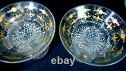 2 Vintage Stuart English Crystal Gilded Cut Glass Vases with Flower Frogs 7 3/4
