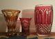 3 Ruby Red Yellow Bohemian Cut Crystal Art Glass Vase Cased Roses Vtg Cranberry