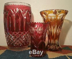 3 RUBY RED yellow bohemian cut crystal art glass vase cased roses vtg cranberry