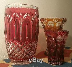 3 RUBY RED yellow bohemian cut crystal art glass vase cased roses vtg cranberry