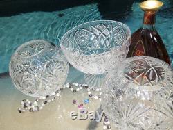3p VINTAGE CRYSTAL BOHEMIAN GLASS VASE BOWL CENTERPIECE CZECH HAND CUT OLD HEAVY