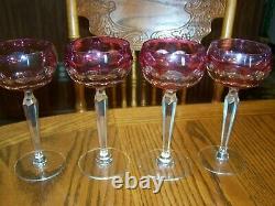 4 Rare Val St Lambert Cranberry Wine Hock Glasses Goblets 7 1/8 Cut to Clear